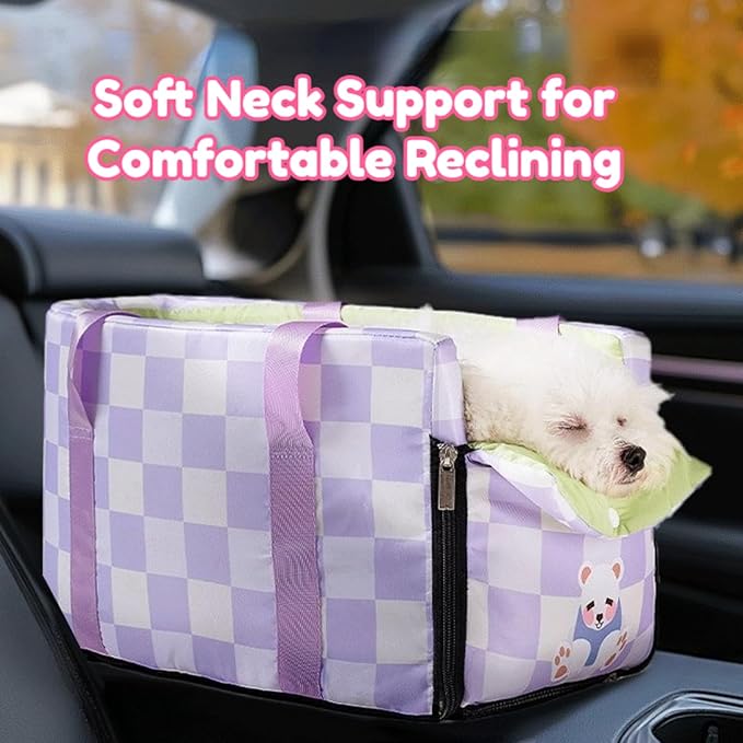 Center Console Dog Car Seat for Pets Up to 15 lbs, Detachable, Washable Cushion, Anti-Slip, Perdurable Oxford Fabric Dogs Cats Portable Travel Carrier, Safety Belt Leash (Purple Plaid, 45cm*25cm*22cm)