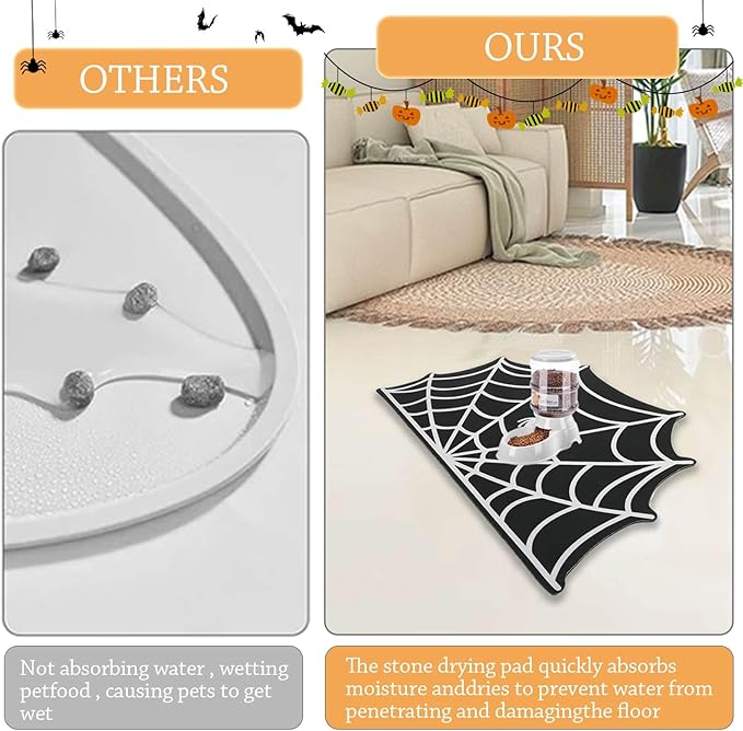 Halloween Pet Mat for Food and Water, Pet Feeding Mat for Dog Cat Bowl Absorbent Anti-Stain Non-Slip Quick Dry Easy Clean Floor Placemat, Pets Accessories Indoor (Spider Web)
