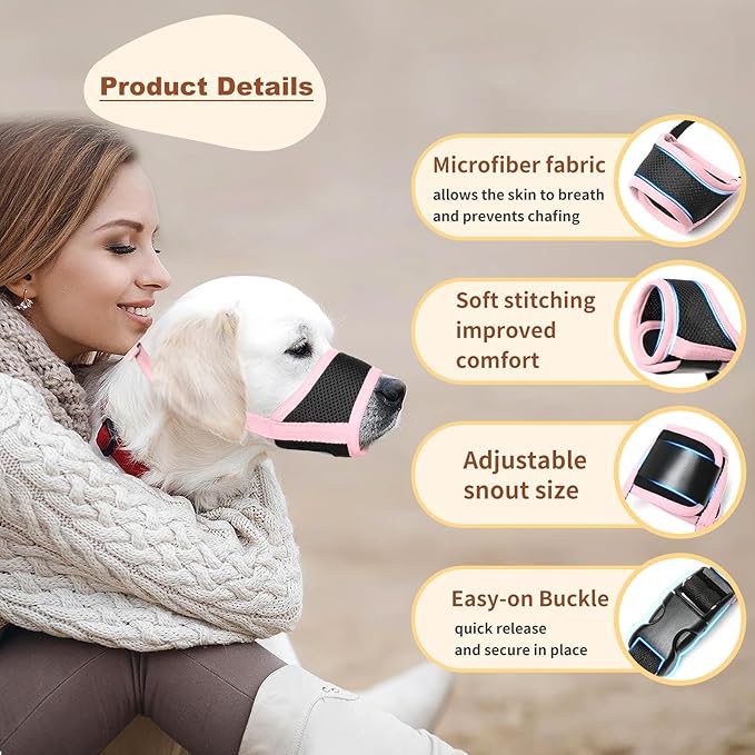 HEELE Dog Muzzle,Soft Nylon Muzzle Anti Biting Barking Chewing,Air Mesh Breathable Drinkable Adjustable Loop Pets Muzzle for Small Medium Large Dogs 4 Colors 4 Sizes (Pink, S)