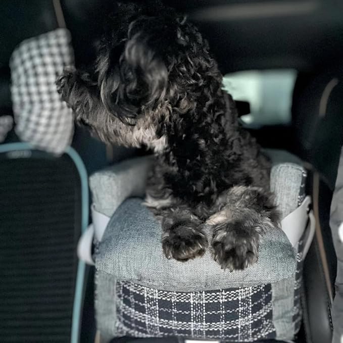 Pet Car Seat for Small Dogs & Cats, Large Space with Soft Cushion, Removable Design, Secure Straps, Fits Most Vehicles (Blue-Grey Plaid, 9.8 * 17.7 * 9.8 inches)