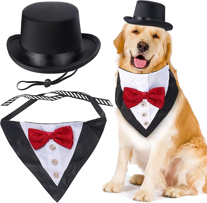 Yewong 2-Piece Pet Formal Accessories Set - Top Hat with Tuxedo Bandana Collar for Dog & Cat (Set-D)