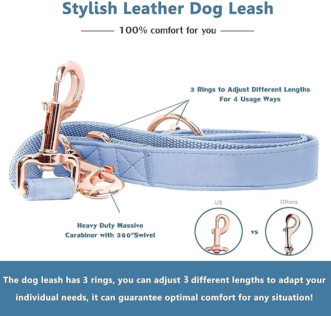 Soft Leather Dog Collar and Leash (6.6') Set - Stylish Rose Gold Heavy Duty Metal Buckle, 4 Adjustable Lengths Leash for Small Medium Large Dogs - Comfortable & Easy to Clean BluePurple S(12.2"-16.9")