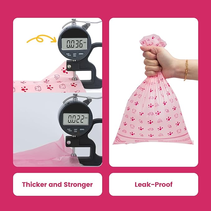 Dog Poop Bag Rolls with Retractable Poop Bag Holder, Leak Proof and Extra Thick Lavender Pet Waste Bags, 70% Recycled GRS Certified, 1 Dispenser and 105 Bags for Doggy Walking & Cat Litter