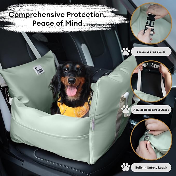 FUNNY FUZZY Dog Car Booster Seat for Small/Medium Dogs up to 25lbs – Waterproof, Non-Slip Base, Safety Leash & Fully Washable Design for Safe and Comfortable Travel (Light Green)