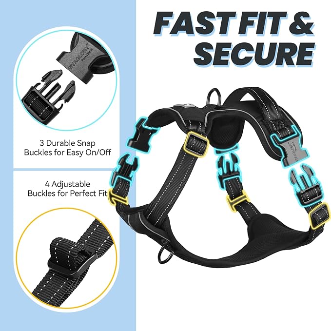 VIVAGLORY Dog Harness Easewalk No Pull Dog Harness with Handle Front Clip & Back Clip for Training Walking Lifting, No Pull Adjustable Easy On Padded Comfortable for Pet, XS, Black - Plain