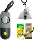 Dog Poop Bags Holder with LED Flashlight|Pet Waste Bags Dispenser for Leash|Doggie Potty Bags Container with Leak-proof Pet Trash Bags and Accessories (1 Holder 15 Bags, Grey and Black)