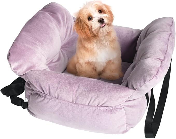 Pet Car Booster Seat for Small Dogs up to 25 lbs with Safety Straps, Storage Pockets, Travel Carrier Bed with Detachable Cover, Machine Washable (Light Purple)