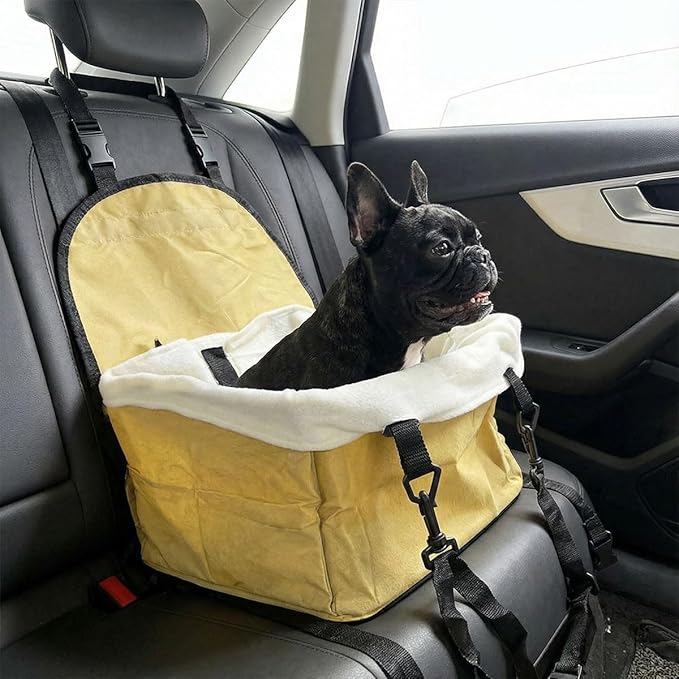 Dog Car Seats for Small Dogs, Portable Soft Auto Pet Booster Seats with Adjustable Safety Leash, Foldable Puppy Travel Seat with Storage Pocket for Cars, SUVs, Trucks(Beige)