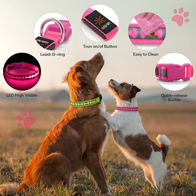 Flashseen Light Up Dog Collars, Adjustable LED Dog Collar Rechargeable, Glow in The Dark Dog Collars Super Bright Glow Collars for Night Walking for Dogs (Pink, Large)