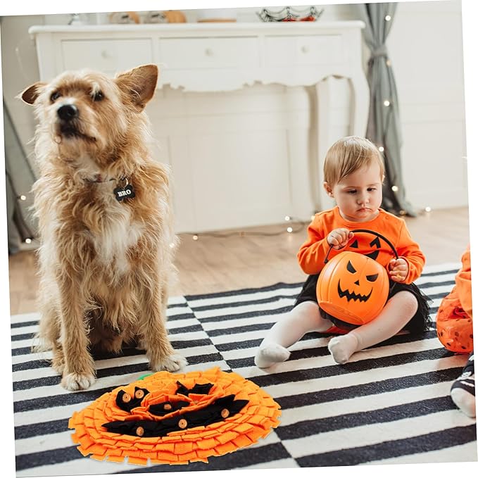 Pumpkin Snuffle Mat for Large Dogs Bright Sniffing Feeding Toy Safe Fleece Material Space-Saving Design Easy to Clean Lifespan for Interactive Play