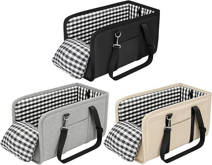 Center Console Dog Car Seat for Small Dogs Up to 11lbs Anti-Collapse Armrest Booster Seat with Headrest Stabilizing Straps Portable Pet Carrier Bag Travel Safety Kennel with Internal Tether (Black)