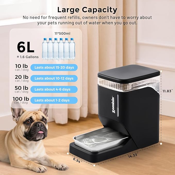 6L Dog Water Bowl Dispenser & Maifan Stone Filter Replacement 3Pcs