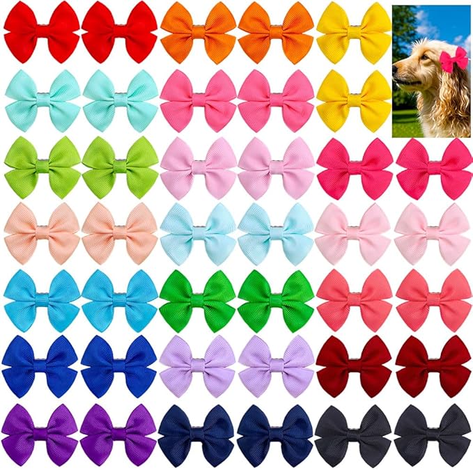 Solid Color Dog Bows Clips, Bulk 40pcs Dog Hair Bows with Metal Clips for Small Medium Dogs Ribbon Material, Mix Handmade Puppy Doggie Barrettes for Dog Hair Grooming Accessories