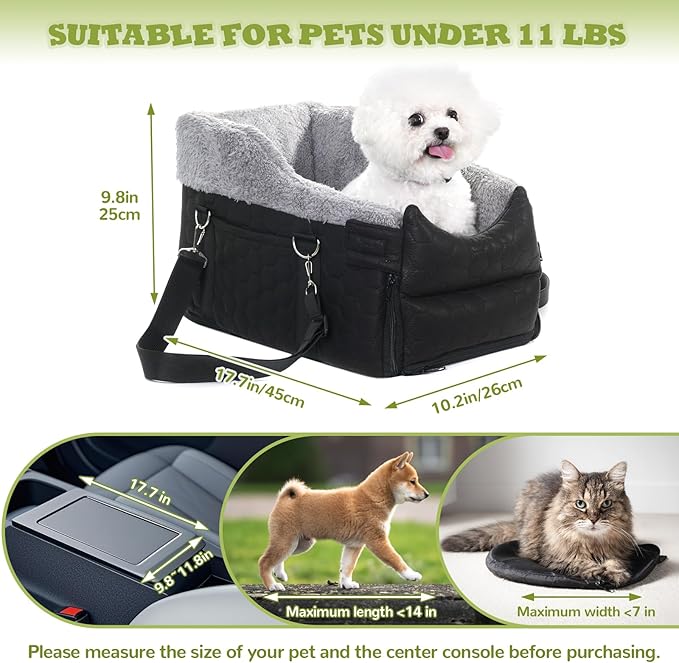 Center Console Dog Car Seat, Detachable Washable Dog Booster Seat, Adjustable Safety Belts and Built-in Leash Pet Carseat, Portable Puppy Travel Carrier with Cushion for Small Dogs Cat(Black)