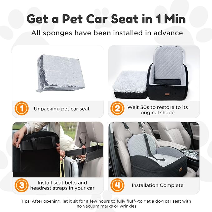 Gimars Reversible Dog Car Seat with Long & Short Plush Seat Cushion for Small/Medium Dogs Up to 40lbs, Detachable Washable Anti-Slip Dog Booster Seat with 5.9'' 28D Egg-Crate Foam, Safety Belt, S