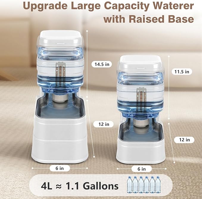 1.1 Gallon Pet Automatic Dog Water Dispenser Cat Gravity Waterer Feeder with Stainless Steel Bowl Large Capacity Puppy Feeding Raised Bowls with Filter,Ice Pack (White, 4L(1.1 Gallon))