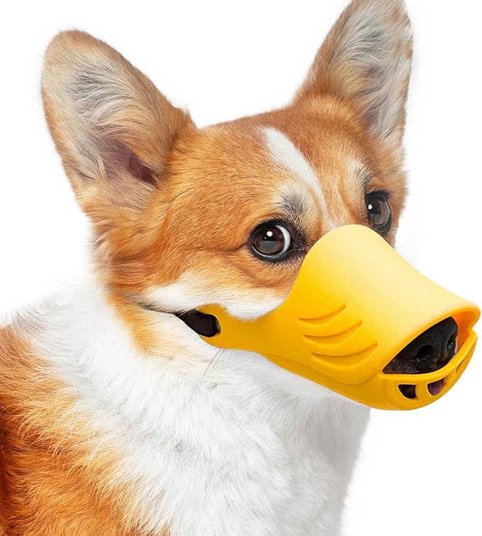 LUCKYPAW Dog Muzzle, Soft Duck Silicone Mouth Cover with Adjustable Strap for Small Medium Dogs, Best to Prevent Barking, Biting, and Chewing(Yellow,M)