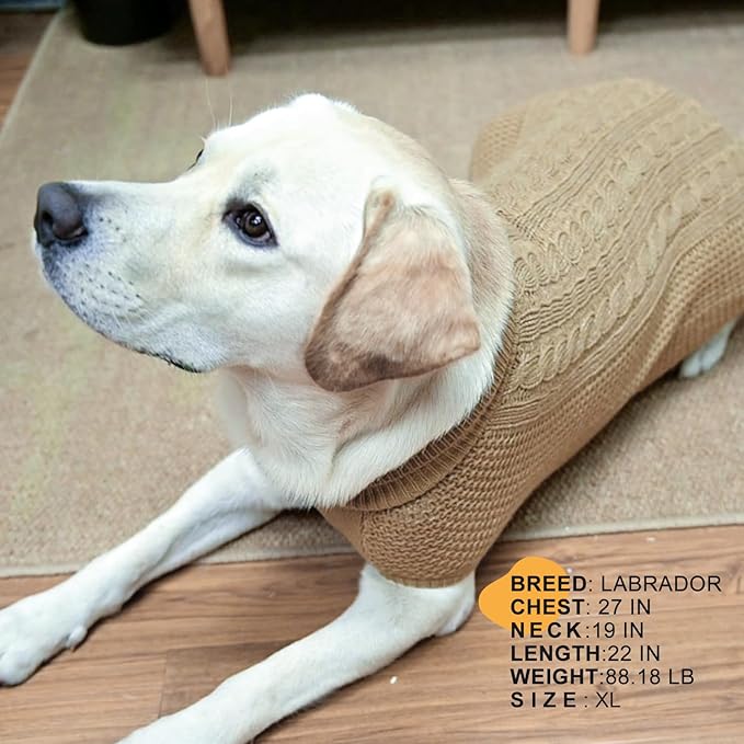 XL Dog Sweater, Classic Cable Knit Warm Dog Sweatshirt with Reflective Yarn for Girl Boy, Halloween Fall Winter Coat Turtleneck Pullover Clothes Apparel for Small Medium Large Dogs, Khaki XL