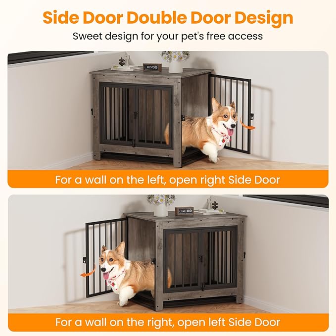 Dog Crate Furniture, 29 Inch Indoor Dog Kennel for Small Dogs Up to 30 LBS, Heavy Duty Wooden Pet Cage End Table with 3 Doors, Alloy Steel Frame & Removable Tray