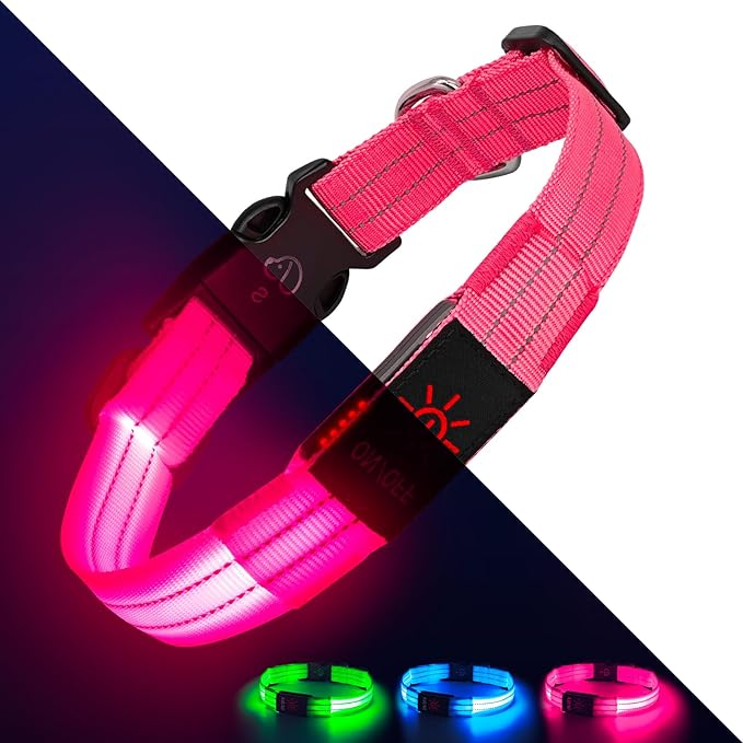 Light Up Dog Collars, LED Dog Collar Light Adjustable USB Rechargeable Super Bright Safety Light Glowing in The Dark Reflective Dog Collar for Medium Large Small Dogs