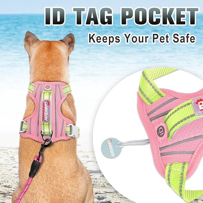 BARKBAY No Pull Dog Harness Large Reflective Dog Harness with Front Clip and Easy Control Handle for Walking Training Running with ID tag Pocket(Baby Pink & Sunlight,XS)