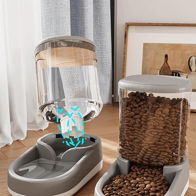 Gravity Pet Feeder & Water Dispenser Set (2Pcs), 1 Gallon Large Capacity Auto-Fill Top Fill Dog Cat Bowl, Fully Transparent Food Container with 6° Tilted Base for Healthy Feeding (Blue)