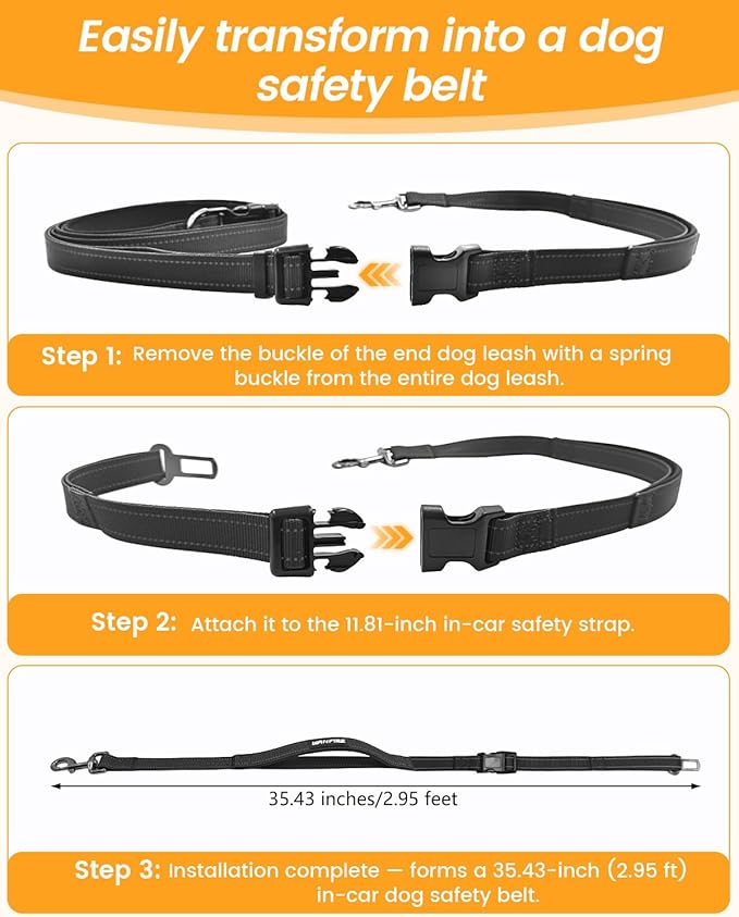 Hands Free Dog Leash, Pet Car Seatbelt, 2-in-1 Multifunctional Crossbody Dog Leash, 5.9-9.2Ft Waist Belt with Double-Sided Reflective for Walking, Hiking, Travel etc.(Black)