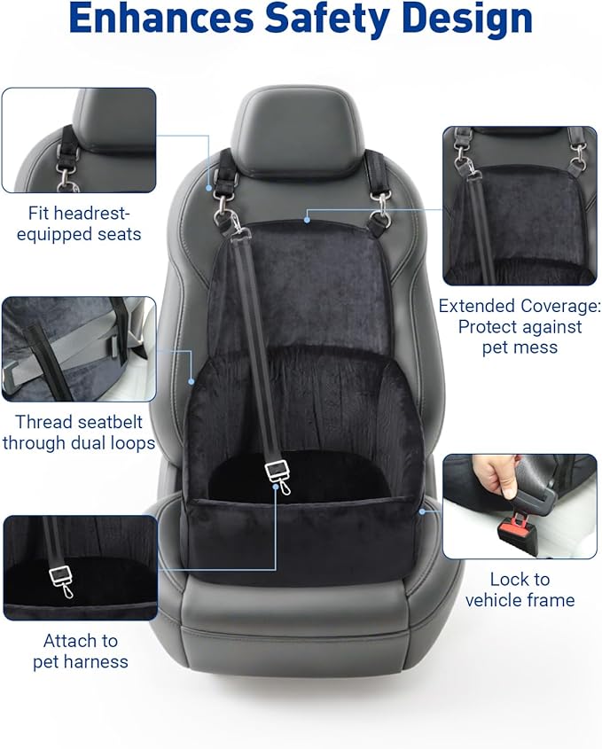 Dog Car Seat for Small Medium Dogs, Dog Booster Seat with Extendable Backrest, Pet Portable Car Seats up to 30 lbs, Washable Travel Bed with Storage Pockets and 2 Safety Leashes, Black