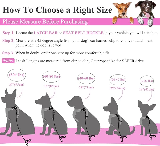 VIVAGLORY Dog Seat Belt Tuffbelt Dog Car Harness, Seatbelt with Clip & Hook for Car Travel, Chew Proof Anti Chew Unchewable Metal Safety Tether Restraint, XS, Pink