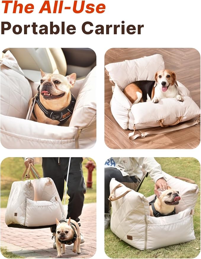 PET MARVEL Dog Car Seat for Small Dogs Up to 25 lbs, Pet Booster Seat with Safety Leash and Thick Cushion, Fully Detachable Washable Pet Bag with Storage Pocket, Portable Car Travel Carrier, Beige
