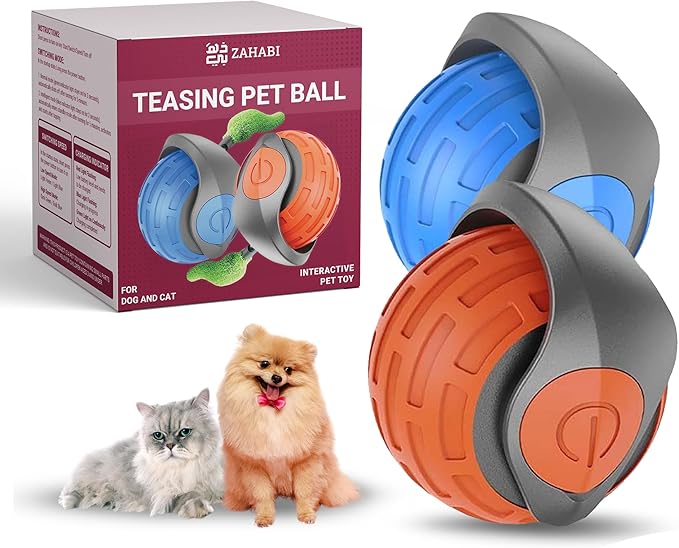 ZAHABI Speedy Tail 3.0 Automatic Dog & Cat Toy (2 Pack) – USB Rechargeable Rolling Ball with Soft Tail, Interactive Pet Toy for Puppies, Kittens & Active Pets (Blue & Orange)