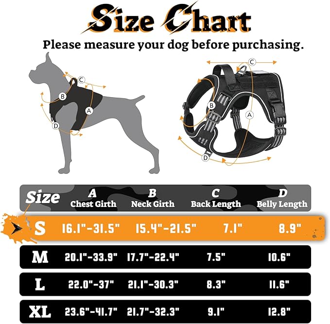 rabbitgoo Dog Harness Small Sized No Pull, Tactical Service Pet Vest with Molle and Control Handle, Adjustable and Reflective Military Harness for Easy Walking and Training, Black, S