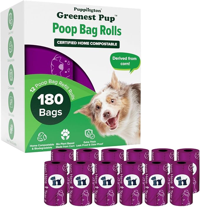 Puppington Certified Home Compostable Poop Bags - ASTM D6400 Compliant - 180 Extra Thick Bags - Plant Based - Pairs with Puppington 3-in-1 Bag & Fits all Standard Poop Bag Dispensers (Plum Wine)