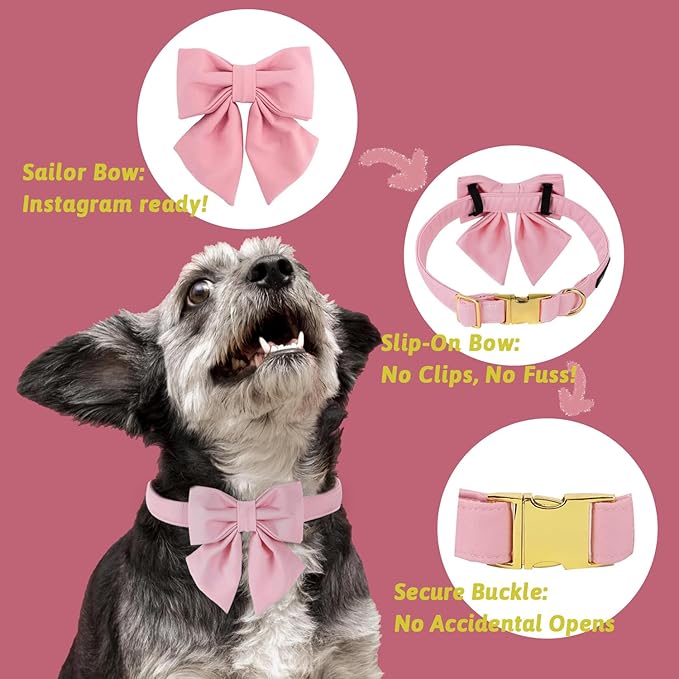 Maca Bates Cherry Pink Dog Collar with Cute Solid Sailor Bow Tie for Extra Large Girl Boy Dogs,Girly Adjustbale Durable Breakaway Soft Collars with Bowtie for Female Male Puppy,Pet with Metal Buckle