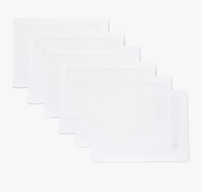Solino Home Linen Cloth Placemats Set of 6-100% Pure Linen Hemstitch White Placemats 14 x 19 Inch - Classic Hemstitch Table Place Mats for Winter, Valentines, Holiday, New Year