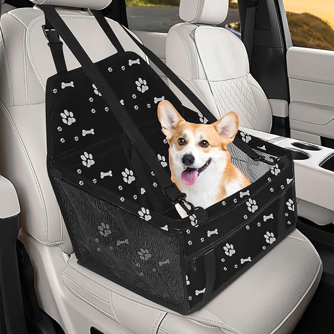 Wuyaoyao Pet Car Seat, Waterproof Breathable Oxford Cat Dog Car Booster Seat for Small Pets, Foldable Portable Vehicle Puppy Travel Basket with Seatbelt & Support Rod, for Pet Up to 22 lbs (Black)