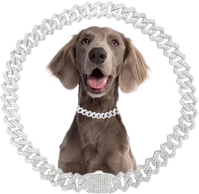 Silver Dog Chain Collar Diamond Glitter Rhinestone Necklace Cuban Link Chain Dogs Jewelry Metal Pet for Puppy Small Medium Large Dogs Cats(Silver 12inch)