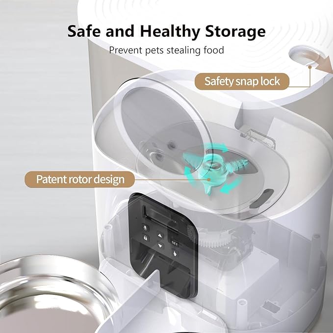 Pet Feeder 5l Stainless Steel Feeder O Window Double Outlet Automatic Feeder Pet Dry Food Dispenser Suitable Compatible with Cats and Dogs Pets Supplies(White)