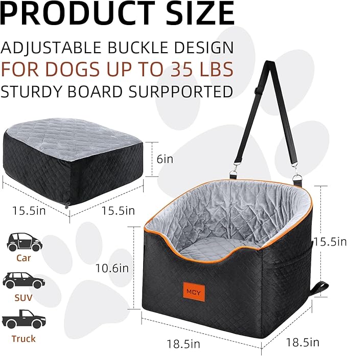 MCY Dog Car Seat for Small Dogs, Elevated Pet Car Seat, Travel Safety Pet Seat for Dogs up to 35 lbs, Memory Foam Booster Dog Seat with Washable Removable Cover, Storage Pockets, Black (Black-Gray)