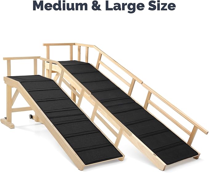 Dog Ramp for Bed or Couch, Wooden Pet Ramp with 20° Gentle Slope, Removable Side Rails, Non-Slip Surface, Top Platform & Wheels, Safe Bed Ramp for Small, Medium & Senior Dogs, 60" Long, Natural