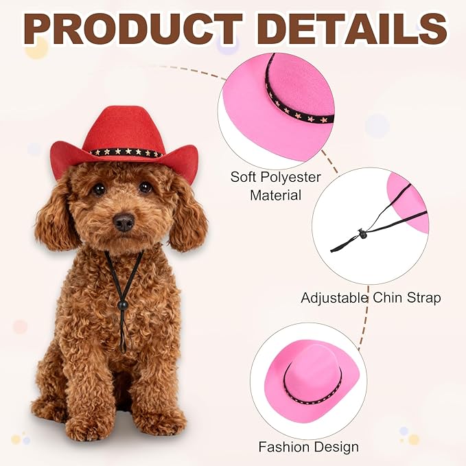Dog Cowboy Hat, Mini Cowboy Hat for Pet with Chin Strap Adjustable Cosplay Cap, (Pink, M), Intended for Dogs and Cats/Halloween Costume/Party Decoration