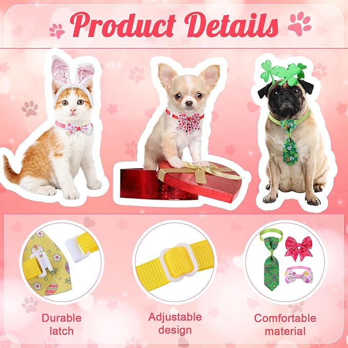 Reginary 100 Pieces Dog Bow Tie Collar Set Include 40 Dog Neckties, and 30 Puppy Bowties, 30 Collar Flowers, Adjustable Pet Ties Grooming for Small Medium Cats Pets Supply(Valentines,Irish, Easter)