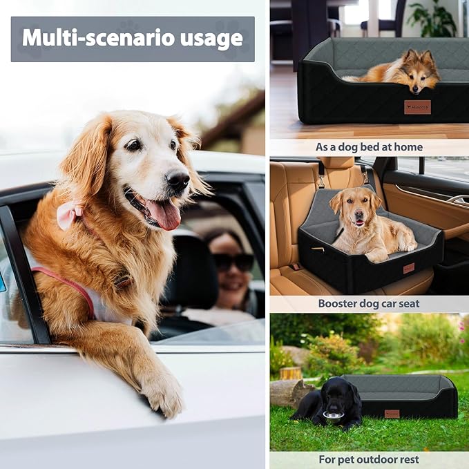 Dog Car Seat for Medium Large Dogs Under 55lbs, Detachable and Washable Dog Booster Seats with Thick Cushion, Pet Travel Bed for Car with Storage Pockets and 2 Safety Belts