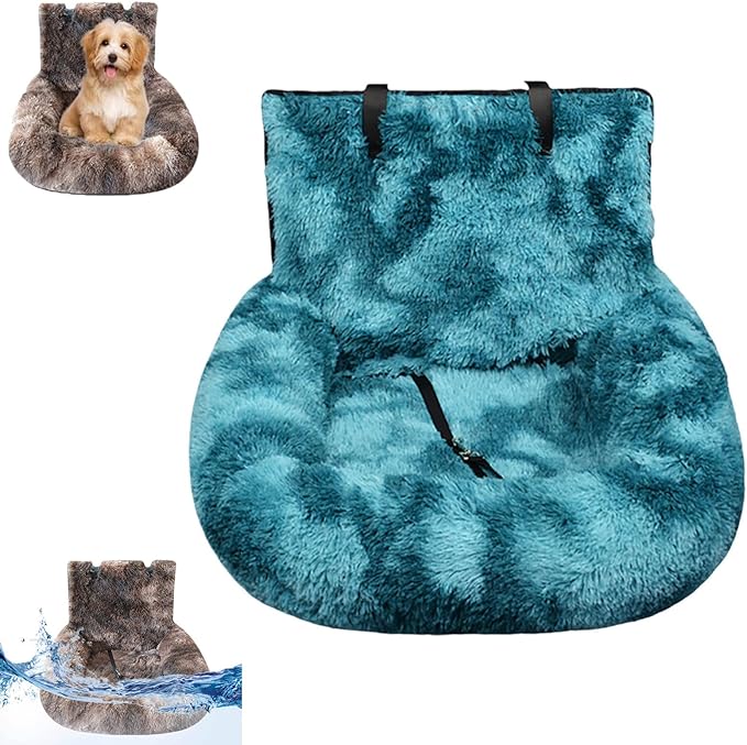 Dog Car Seat Bed, Fluffy Pet Travel Seat, Removable Washable Cushion, Non-Slip Bottom, Protects Car from Dirt/Scratches, Suitable for Small, Medium Dogs/Cats & All Vehicles (Cyan)