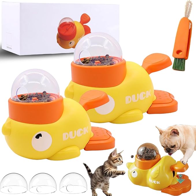 Dog Interactive Treat Dispenser, 2-in-1 Dog Treat Dispenser Toy, Duck Cat Treat Dispenser, Safe Kibble Dispenser Dog Toy, Adjustable Food Outlet for Small to Medium Cats and Dogs (Yellow*2)