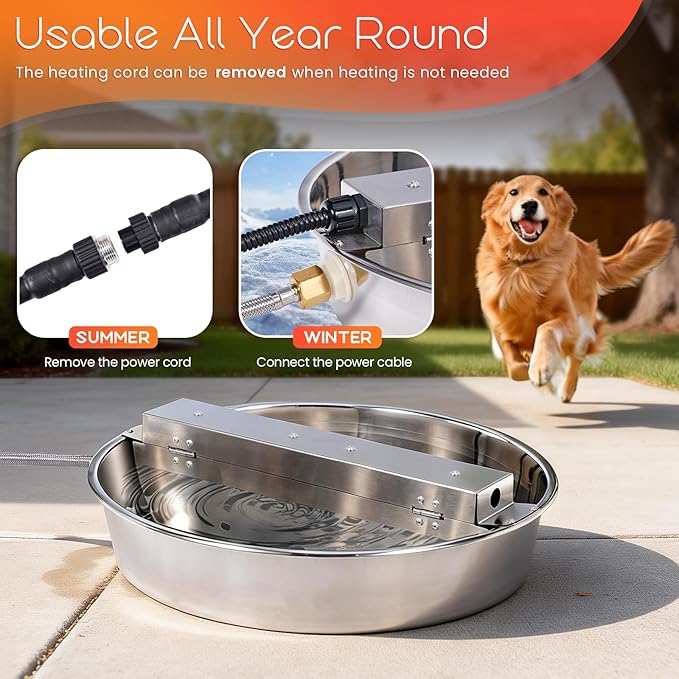 Heated Automatic Dog Water Bowl Dispenser Outdoor Heated Pet Waterer Thermal-Bowl Auto Fill Water Bowl for Large Dog, Cat, Chicken, Duck, Adjustable Temperature & Timer