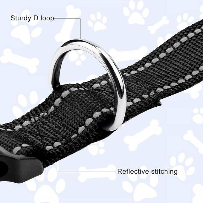 FunTags Reflective Dog Collar, Sturdy Nylon Collars for Large Girl and Boy Dogs, Adjustable Dog Collar with Quick Release Buckle, Black
