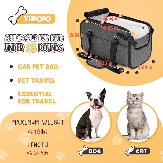 YUDODO 10-18lbs Large Console Dog Car Seat (Width＞9in) Fits Truck & SUV, Luxury Puppy Cat Travel Portable Booster Seat with Removable Velvet Cushion, Anti-Slip Pet Car Bed Carseat PU Leather Gray