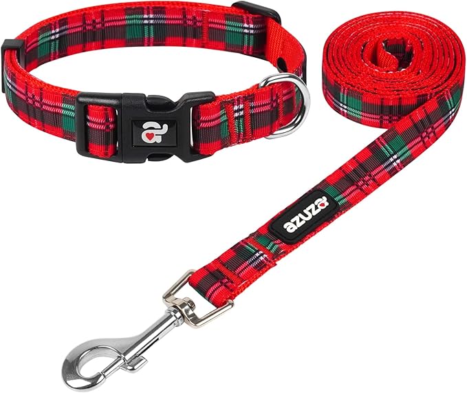 azuza Christmas Dog Collar and Leash Set, Buffalo Plaid Dog Collar with Matching Leash for Small Dogs, Great for Christmas, New Year, Festivals and Daily Use