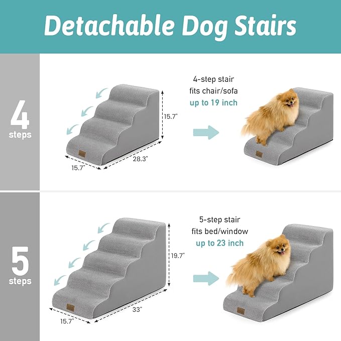 Dog Stairs for Small Dogs 15.7" H, 4-Step Sturdy Foam Dog Steps for Couch or Sofa, Curved Pet Stairs for Puppy and Older Cat, Doggie Ladder with Washable Cover, 15.7x28.3x15.7 inch, Gray